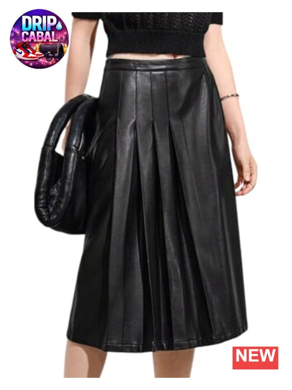 Women Faux Leather Pleated A-Line Midi Skirt High Waist Zip